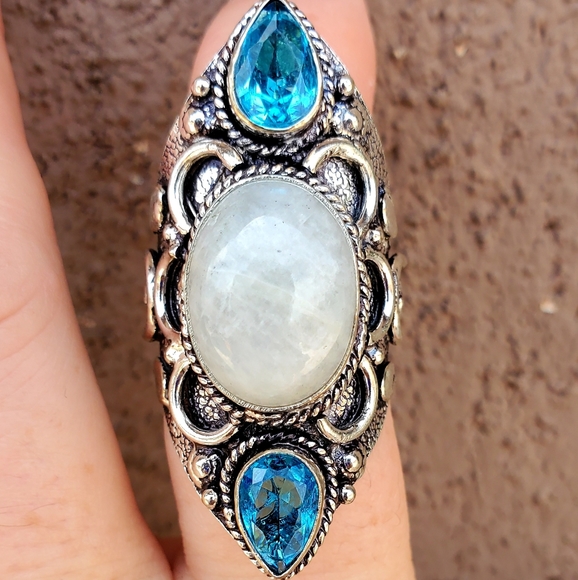 New Rainbow Moonstone & Blue Topaz 925 Silver Statement Ring. - Picture 2 of 15